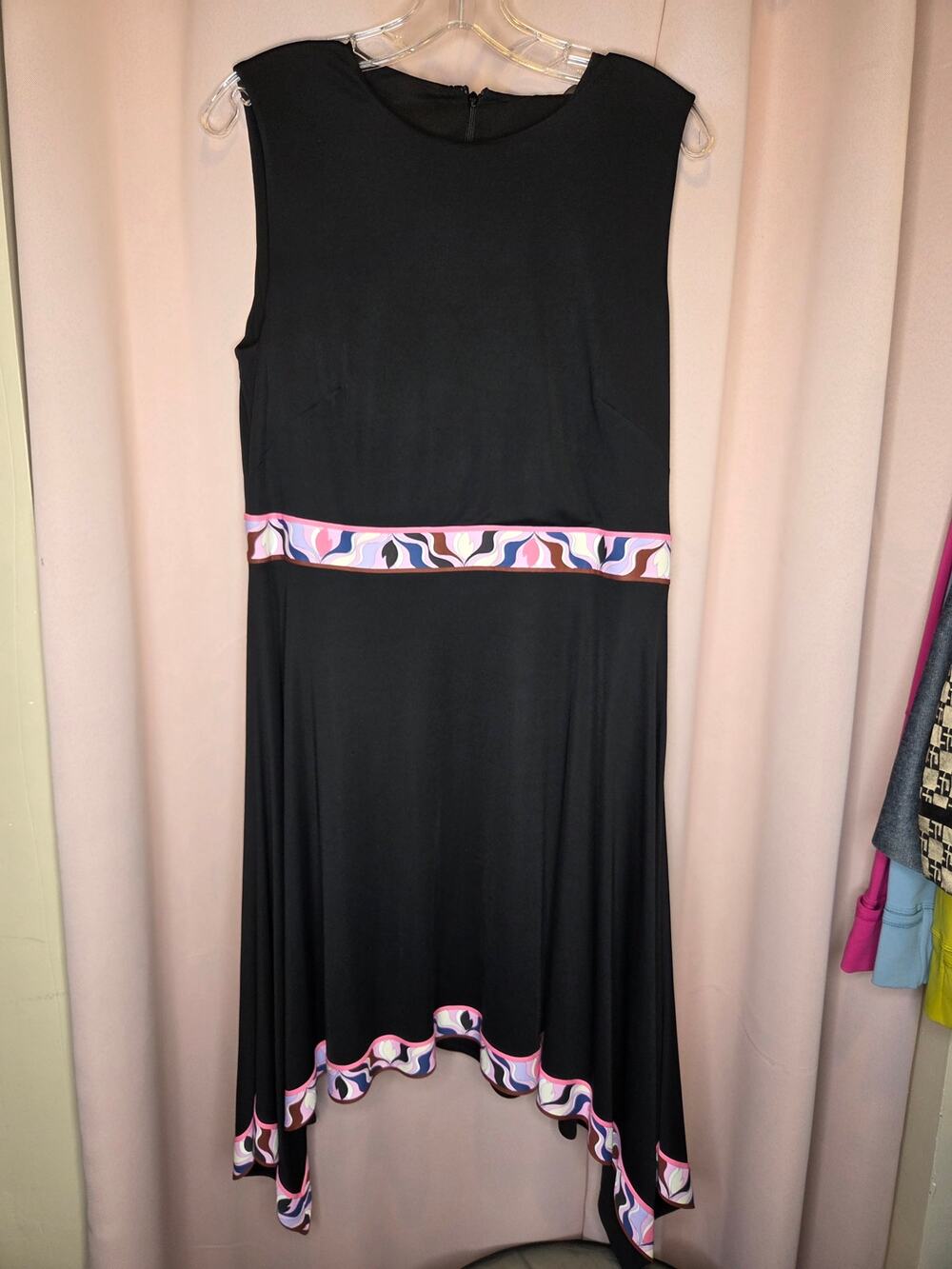 Emilio Pucci Black Sleeveless Handkerchief Hem Dress with Geometric Print Trim